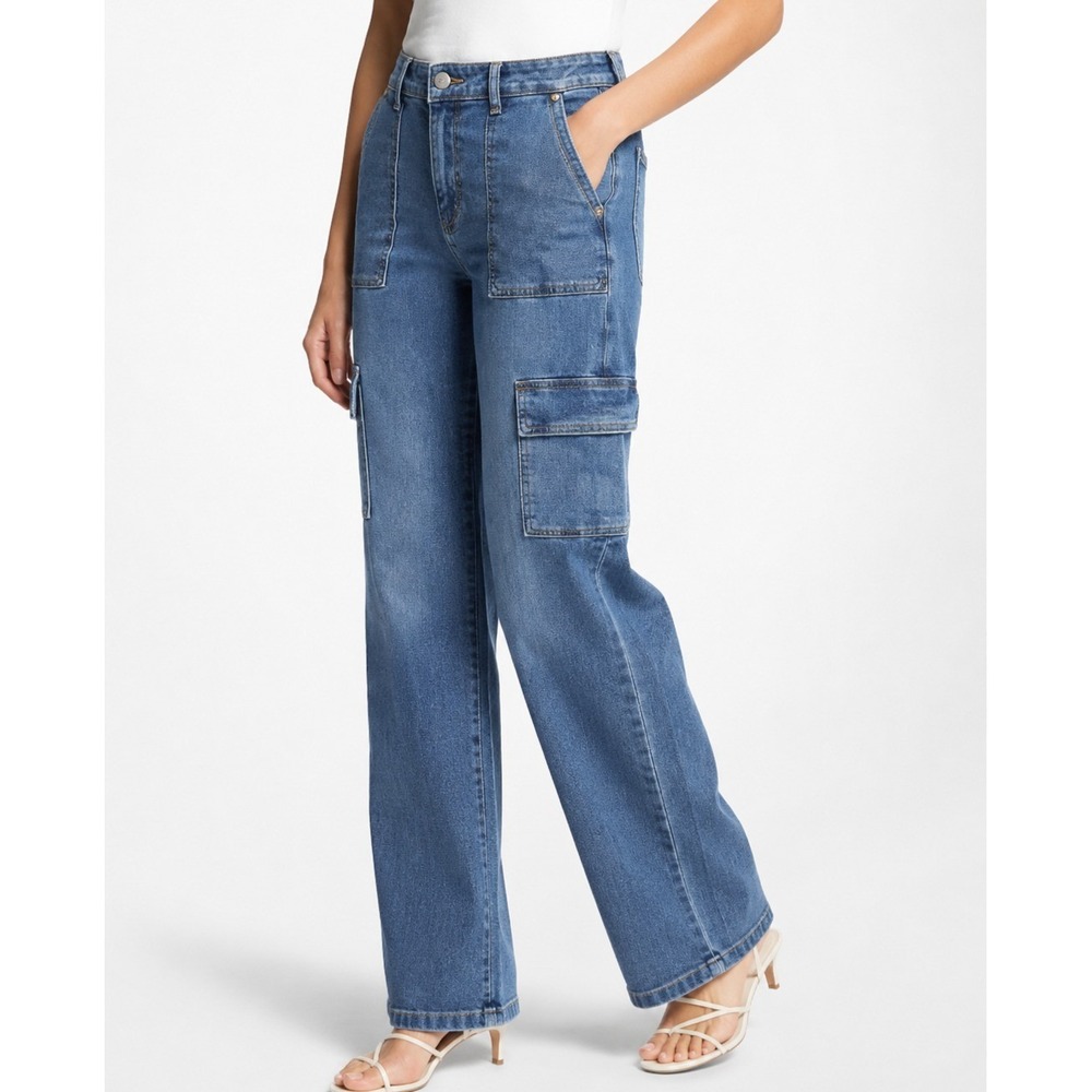 Michael Kors Womens Cargo Jeans Blue Size 4 Wide Leg Utility Medium Wash Denim